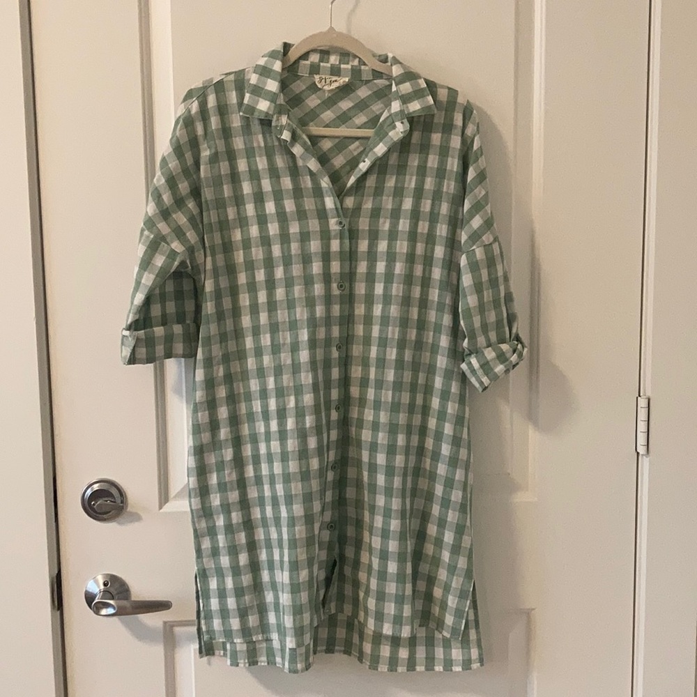 Mint green and white checkered dress , linen feel. with pockets